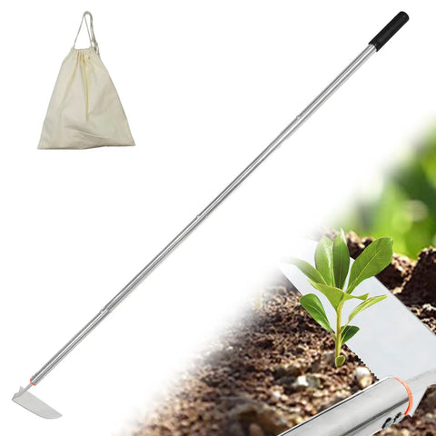 Japanese Weeding Sickle Hoe With Adjustable Long Handle For Standing Weeding Angular Sickle Garden Tool next to young plant