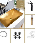Next Level Golden Ceramic Vessel Sink For Above Counter Bathroom Vanity with matte black faucet and pop-up drain, measuring 63x42x16cm.