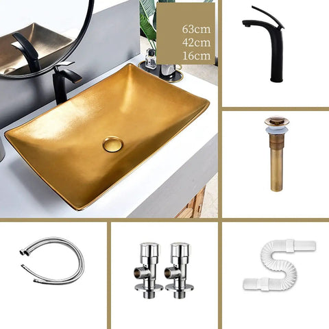 Next Level Golden Ceramic Vessel Sink For Above Counter Bathroom Vanity with matte black faucet and pop-up drain, measuring 63x42x16cm.