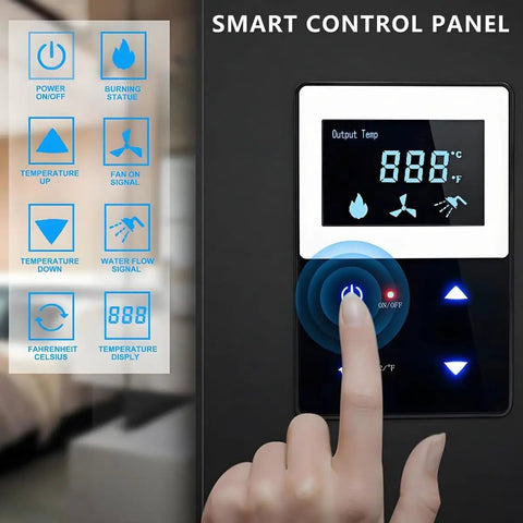 Smart control panel of Road Ready 55000 BTU Propane Tankless Water Heater For Camper, showing temperature and power controls.