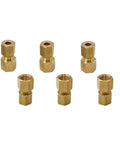 Six brass compression fittings with hex nuts for 1/8-inch NPT female to 3/16-inch OD tubing.