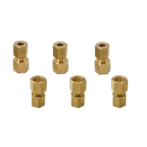Six brass compression fittings with hex nuts for 1/8-inch NPT female to 3/16-inch OD tubing.