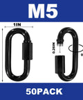 50 Pack 2 Inch Quick Links And M5 Locking Carabiners Set In Black Galvanized Steel with dimensions for outdoor use