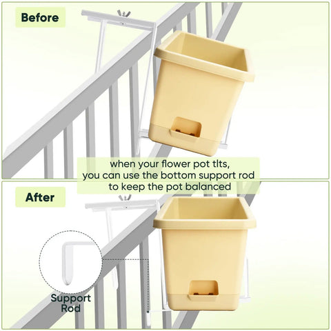 Adjustable Planter Box Bracket Set For Decks And Fences, Heavy Duty Flower Box Holders with support rod for stability, dual image.