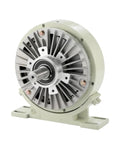 Front view of base-mounted magnetic powder brake with green housing and silver front flange.
