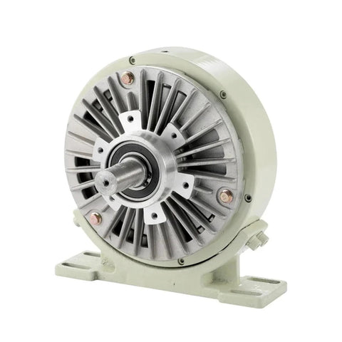 Front view of 0.6-10 kg single-shaft magnetic powder brake with green base, DC24V.