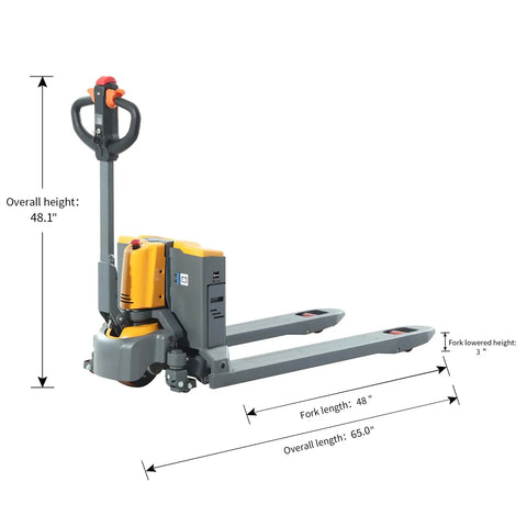 Powerful 3300 Lb Full Electric Pallet Jack With Li Ion Battery, 48.1" height, 65" overall length, maneuverable design for easy handling.