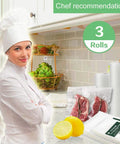 Chef with Three Pack 11x20 Vacuum Sealer Rolls BPA Free For Clamp Style Machines, sous vide bags, and lemons on counter
