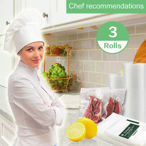 Chef with Three Pack 11x20 Vacuum Sealer Rolls BPA Free For Clamp Style Machines, sous vide bags, and lemons on counter