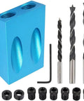 Pocket Hole Screw Jig And Dowel Drill Joinery Kit For Woodworking, aluminum block, drill bits, and carpentry tools displayed