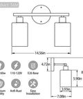 Dope Gold Vanity Light Fixture diagram showing size with 2 Light E26 Base, brushed brass sconces, modern bathroom lighting.