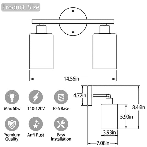 Dope Gold Vanity Light Fixture diagram showing size with 2 Light E26 Base, brushed brass sconces, modern bathroom lighting.
