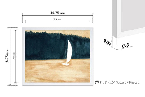 Sailboat And Landscape Illustration Print Set In White Frame - Abstract Seascape Poster With Ocean And Land Watercolor