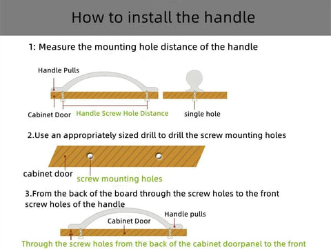 Installation guide for Antique Bronze Lion Head Ring Pull Cabinet Handles Set Of 4 with screws, showing measuring and drilling steps.