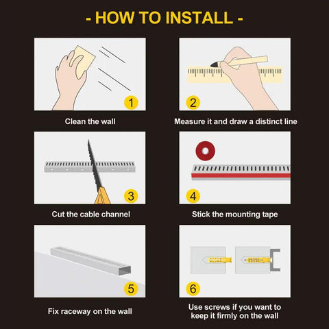 Installation steps for Under Desk Cable Management Kit With One Piece Raceway Channel White 123 Inch Total Length 8 Piece Cord Track