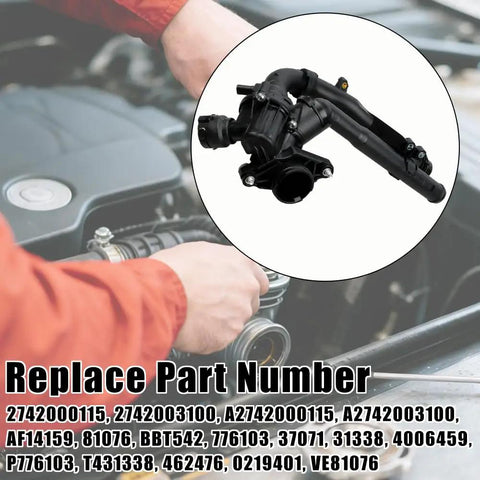 Boss Level Heavy Duty Water Pump With Integrated Thermostat Kit For 2015 Through 2022 Mercedes Benz C180 C200 C350e E300 Glc250 300 Engine Cooling Assembly shown under hood installation.