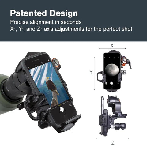 NexYZ Universal Smartphone Adapter For Telescope Binoculars And Spotting Scopes With 3 Axis Alignment attached to telescope