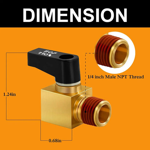Five Pack Brass Mini Ball Drain Valves For Air Compressors 1/4 Inch NPT Male dimension details with knurled screw