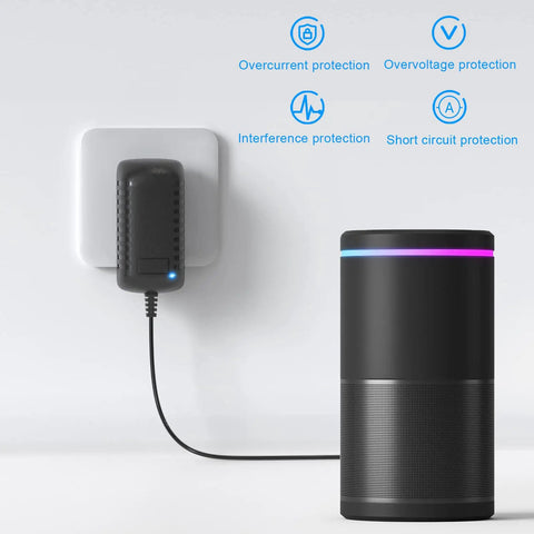 12V 2A Power Adapter For LED Strips And Small Electronics AC To DC Wall Plug installed powering a smart speaker.