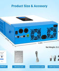 Diagram showing dimensions and accessories for All In One 5000W 48V Hybrid Solar Inverter with 80A MPPT Solar Charger and 40A AC Battery Charger.