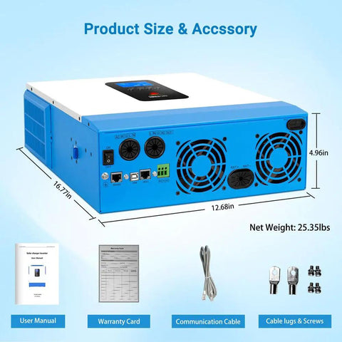 Diagram showing dimensions and accessories for All In One 5000W 48V Hybrid Solar Inverter with 80A MPPT Solar Charger and 40A AC Battery Charger.