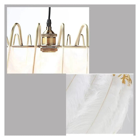 Close-up of the gold fixture and soft white feathers of the Feather Lamp Pendant Light Chandelier for Dining Room Living Bedroom Nordic Drop Lighting.