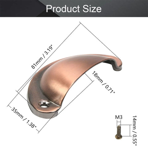 Top Shelf Iron Cup Pulls Vintage Rustic Kitchen Cabinet Drawer Handles Brushed Red Copper Finish 81mm size with detailed measurements.
