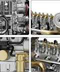 Dope 1 of 10 Scale Metal OHV Inline Four Engine Model Kit For DIY Builders, Realistic L4 Motor With Electric Drive, Cooling System, 300 Plus Parts, STEM Mechanical Engineering Project For Adults, Premium Display Model close-up of metal engine parts