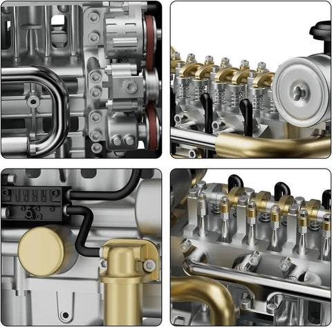 Dope 1 of 10 Scale Metal OHV Inline Four Engine Model Kit For DIY Builders, Realistic L4 Motor With Electric Drive, Cooling System, 300 Plus Parts, STEM Mechanical Engineering Project For Adults, Premium Display Model close-up of metal engine parts