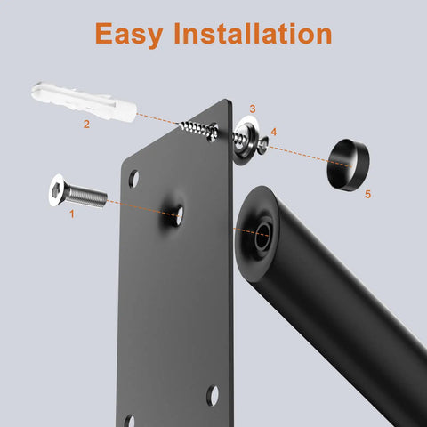 Exploded view of 28 Inch Stainless Steel Hand Rail For One To Five Steps With 1.25 Inch Tube Oil Rubbed Black Wall Mounted Grab Bar installation