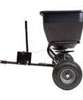 Tow Behind Broadcast Spreader With Universal Hitch 175 Lb Capacity Durable Poly Hopper For Lawn Seed Fertilizer Ice Melt And More Ideal For One Acre Or Larger Yards Flat Black, side view