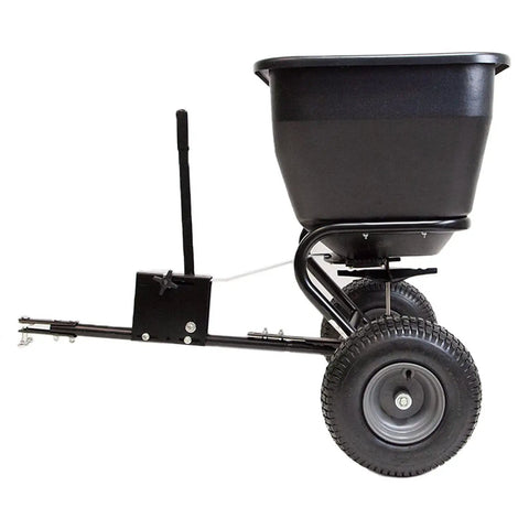 Tow Behind Broadcast Spreader With Universal Hitch 175 Lb Capacity Durable Poly Hopper For Lawn Seed Fertilizer Ice Melt And More Ideal For One Acre Or Larger Yards Flat Black, side view