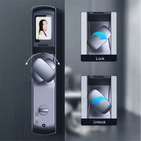 Hella Secure Smart Door Lock With 3D Fingerprint Scanner And Decoy Pin Feature showing locking mechanism and controls.
