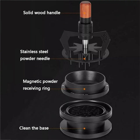 Kickstart Your Daily Grind With This Hella Sharp 58mm Needle Distributor And Wdt Espresso Tool showing solid wood handle, magnetic base and stainless steel details.