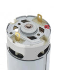 Top view of RS550 18V DC Geared Micro Motor Featuring 14 Tooth Spur Gear With Nine Point Five Millimeter Shaft and terminals.