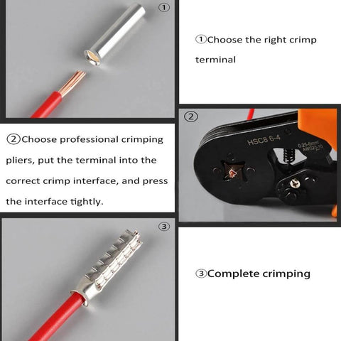 Steps for using 50 Pieces AWG 1/0 Wire Ferrules Kit With Tinned Copper Crimp Connectors for electric cables and automotive wiring.
