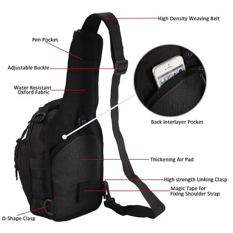 Detailed view of Rugged 1000D Tactical MOLLE Sling Backpack For Camping Hiking Trekking And Outdoor Adventures Lightweight Daypack With Water Resistant Fabric Durable Gear Bag In Green showcasing features like adjustable buckle, pen pocket, and air pad.