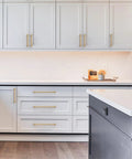 Champagne Bronze Knurled Cabinet Pulls Set Of 10 5 Inch Center To Center Kitchen Handles Installed on White Cabinetry