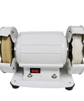 Top Shelf Bench Polisher And Dual Wheel Grinder Spinning At 3000 RPM Featuring Cloth And Wool Felt Pads for metal finishing.