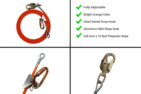 High Visibility Steel Core Flip Line Kit with bright orange rope, steel snap hook, aluminum rope grab, for tree climbing.