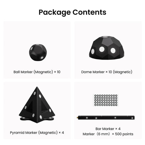 28 Piece Magnetic 3D Scanning Markers Block Kit includes ball, dome, pyramid, bar markers, and tracking dots for effective surface prep.