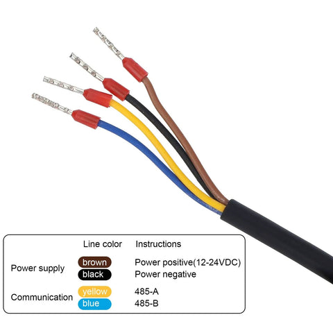 Color-coded wiring instructions for 7 In 1 Soil Tester With 5 Pin PH NPK Temperature Humidity EC Sensor, cables visible.