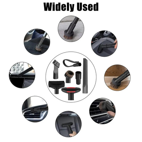 7 Piece Vacuum Attachment Kit With Crevice Tool, Horsehair Round Brush, Upholstery Tool, utility nozzle, showcased in use
