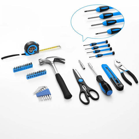 39 Piece All In One Home Tool Set In Blue Toolbox Case For Quick Home Repairs, Furniture Assembly, Picture Hanging, Screw Driving And More With Claw Hammer And Screwdrivers Great For Home Garage Office Or Dorm.