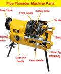 Rock Solid Electric Pipe Threader Machine For Cutting Threading And Trimming Half To Three Inch Conduit With Smooth Auto Oiling System and its detailed parts labeled.
