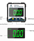 Top Tier Magnetic Digital Angle Finder And Protractor Inclinometer With Bright Backlit Screen displaying level and tilt measurements.