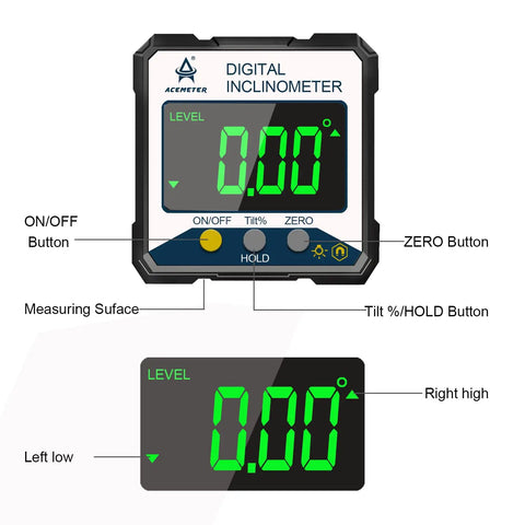 Top Tier Magnetic Digital Angle Finder And Protractor Inclinometer With Bright Backlit Screen displaying level and tilt measurements.