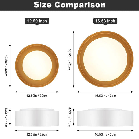 Round Modern LED Ceiling Light With Wood Metal And Acrylic Finish, Soft Neutral Glow, size comparison chart