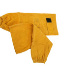 Heavy Duty Cowhide Welding Sleeves Pair Self Adhesive Arm Guards in golden yellow, flame retardant, for mechanics and auto repair.