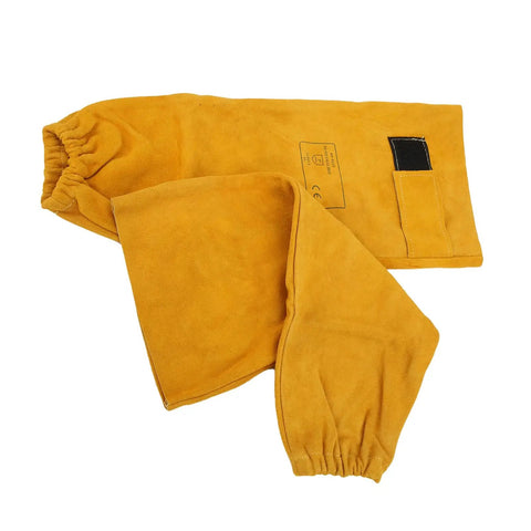 Heavy Duty Cowhide Welding Sleeves Pair Self Adhesive Arm Guards in golden yellow, flame retardant, for mechanics and auto repair.